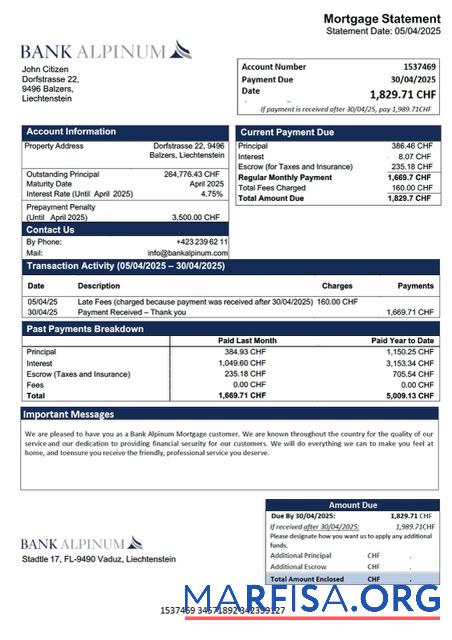 Realistic Liechtenstein Bank Alpinum mortgage statement Word and PDF template